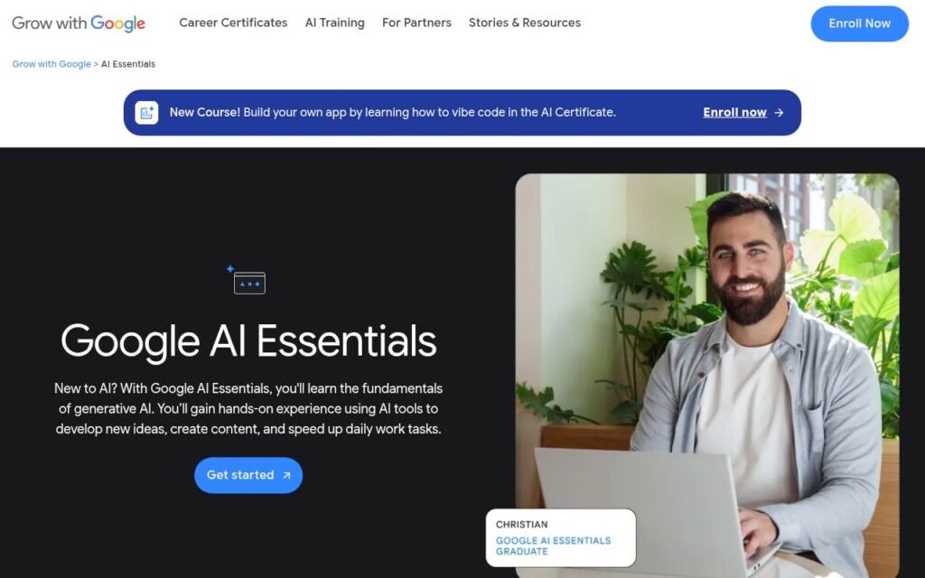 صفحة Google AI Essentials على موقع Grow with Google