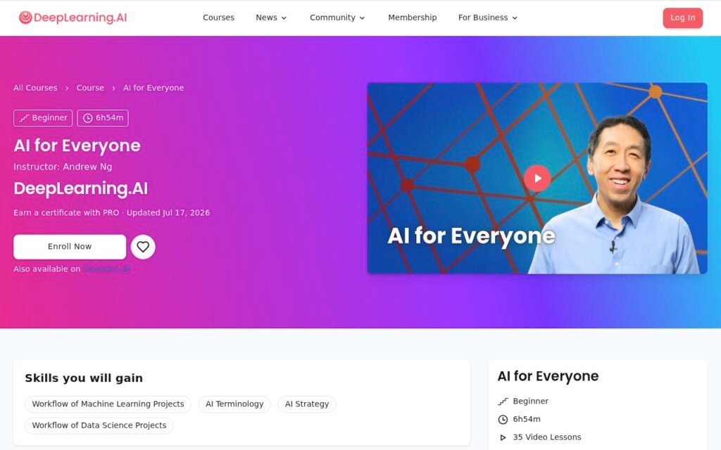 صفحة كورس AI for Everyone على موقع DeepLearning.AI