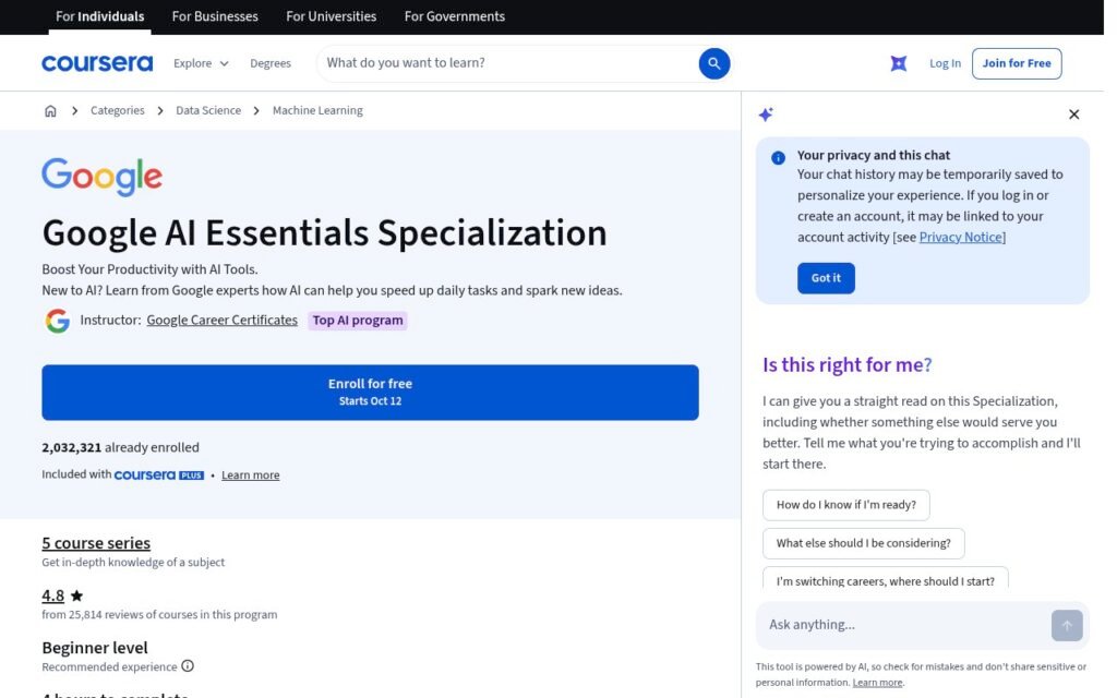 صفحة كورس Google AI Essentials على Coursera