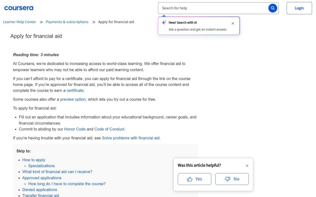 صفحة المساعدة المالية الرسمية في Coursera