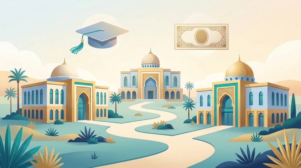رسم توضيحي لجامعات خليجية ترمز إلى التمويل الكامل للدراسة