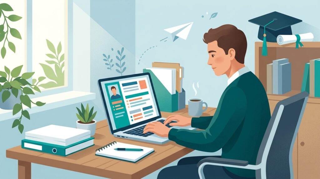 رسم توضيحي لخريج يجهز سيرته الذاتية للتقديم