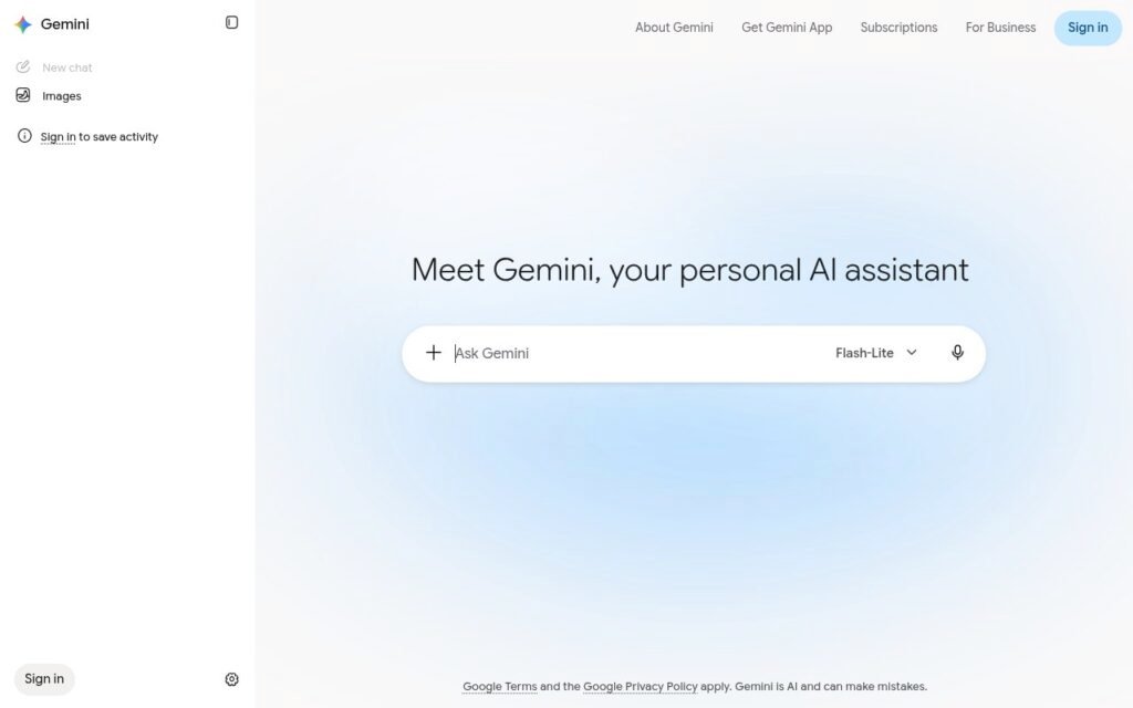 الصفحة الرئيسية لتطبيق Gemini من جوجل