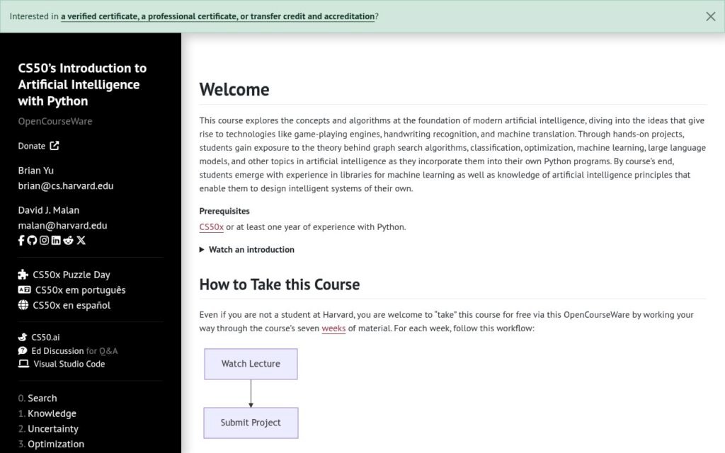 الصفحة الرسمية لكورس CS50 AI على موقع Harvard