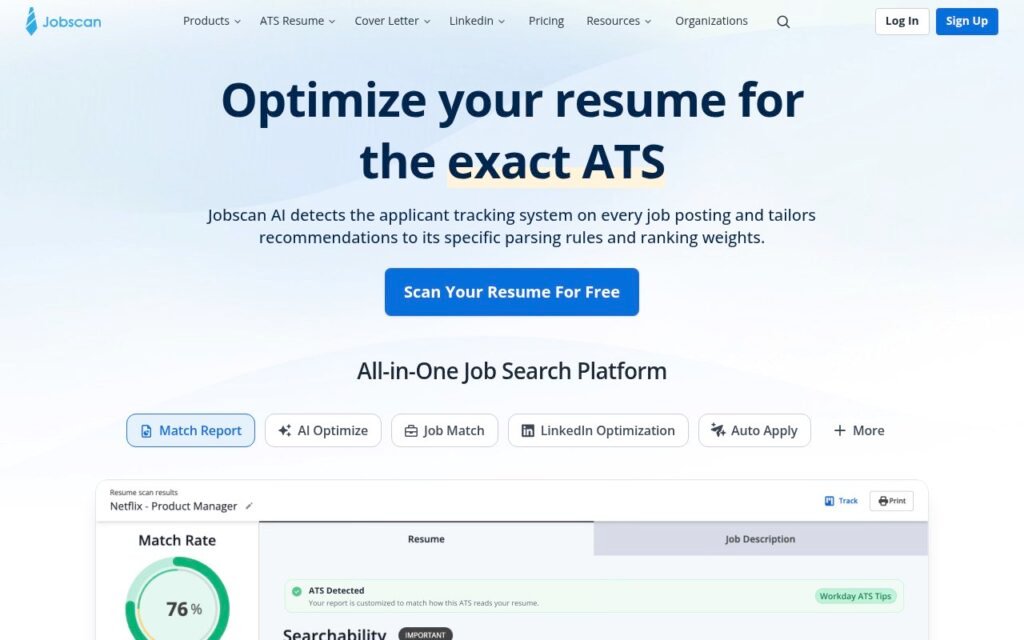 لقطة شاشة من موقع Jobscan لمقارنة السيرة الذاتية بإعلان الوظيفة